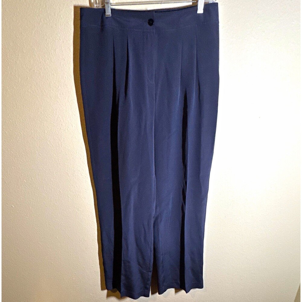 LOUBEN Women’s Silk Satin Pleated Dress Pants Navy Straight Leg Pockets